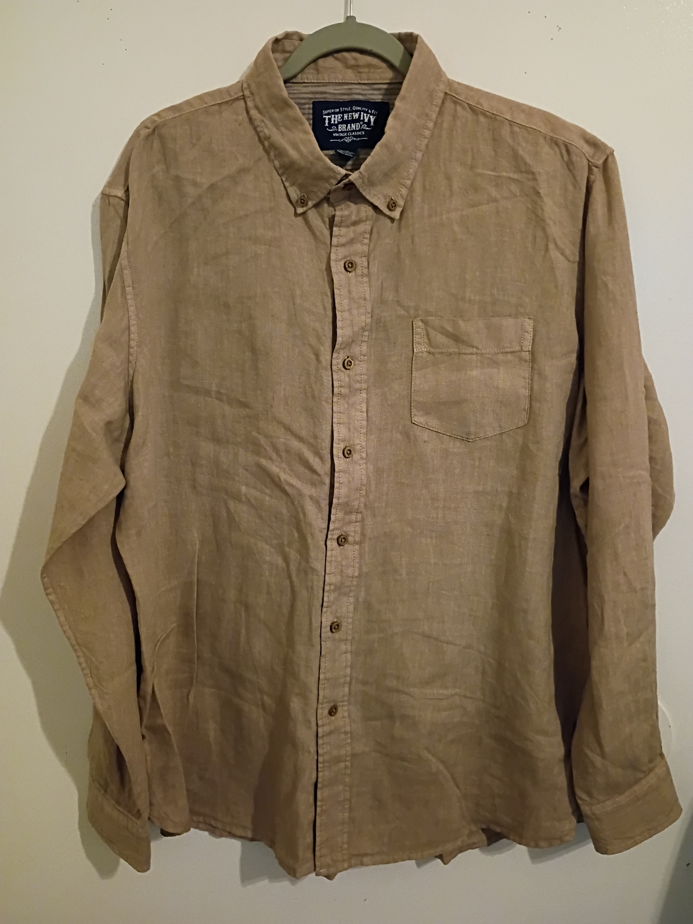 Lightweight Tan Linen Button-Down Shirt - Sz L